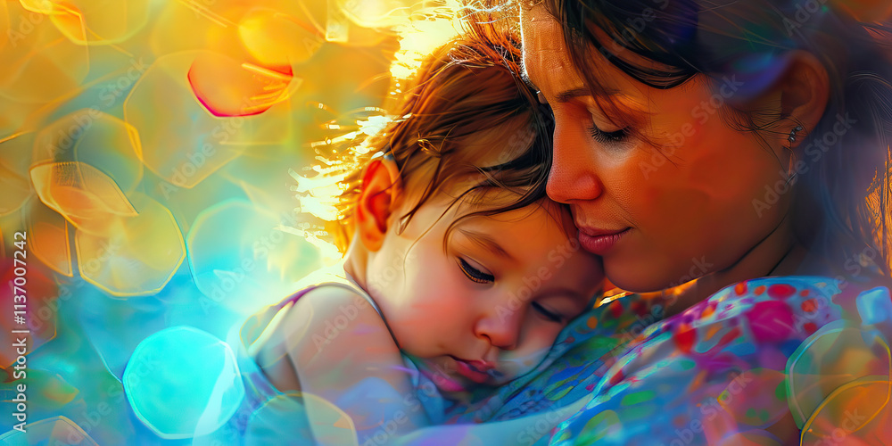 Fototapeta premium Woman and Child Embrace with Bokeh Background