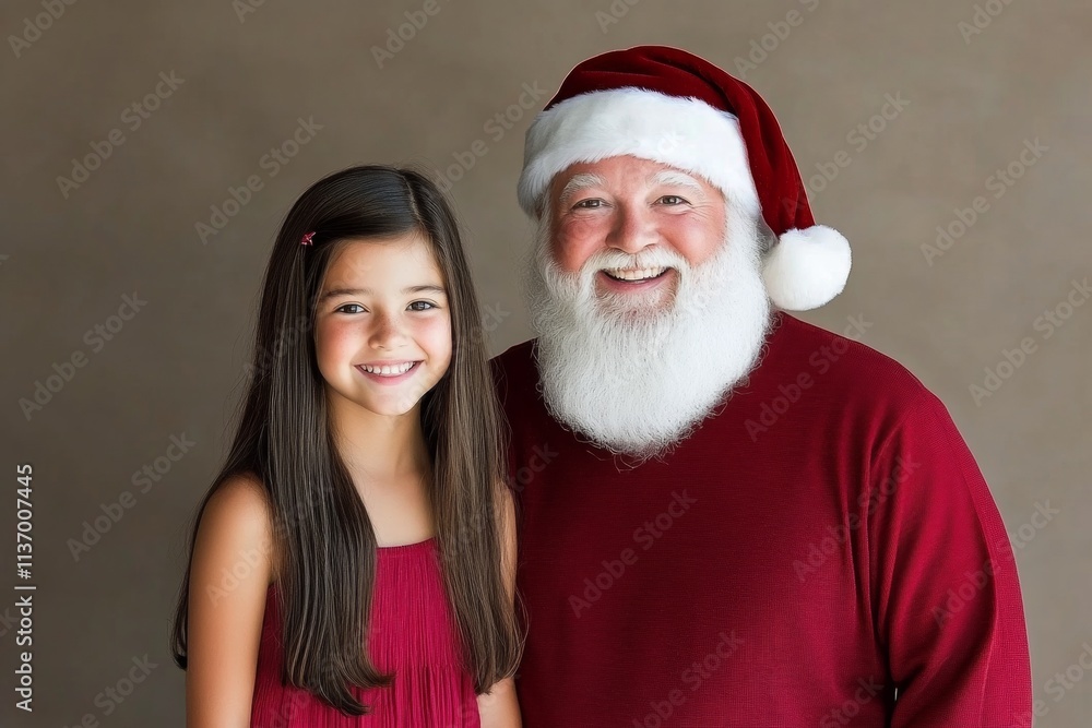 Fototapeta premium Merry christmas, Ñute child girl delighted with santa claus. Christmas advertising concept image for print and online use. Santa ad baby happy. Happy family santa ads. Baby smiling santa cl.