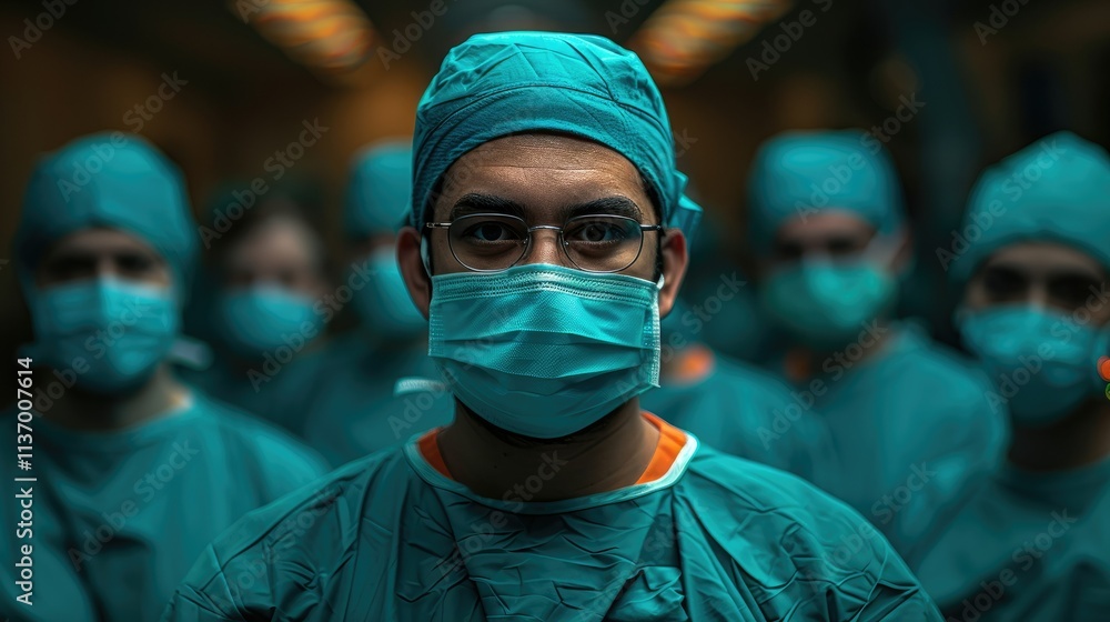 A group of medical professionals in scrubs and masks, ready for surgery. A group of medical professionals in scrubs and masks, ready for surgery.