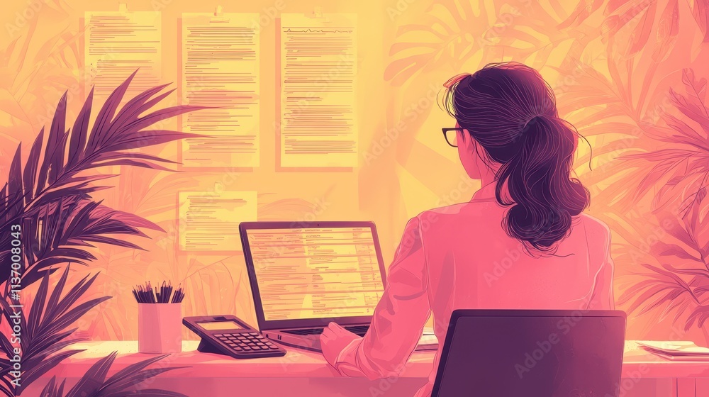 Woman Working on Laptop in Office with Plants and Warm Lighting, Focused on Project Management and Organization Woman Working on Laptop in Office with Plants and Warm Lighting, Focused on Project Management and Organization