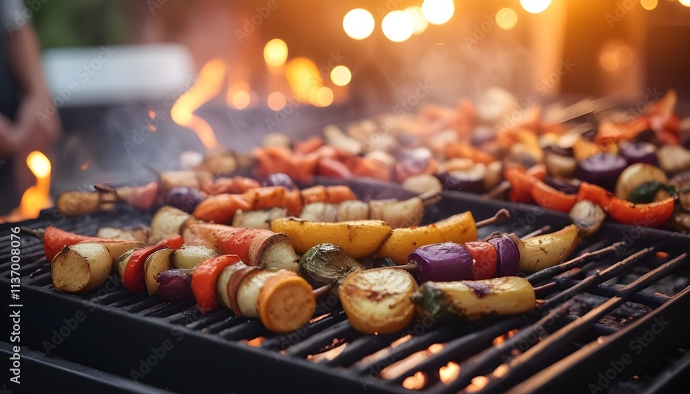 Roasted vegetables on a barbecue grill , with blurred people and lights in the background Roasted vegetables on a barbecue grill , with blurred people and lights in the background
