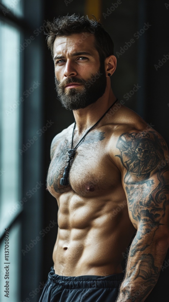 Fototapeta premium Tattooed Fitness Male in Urban Setting