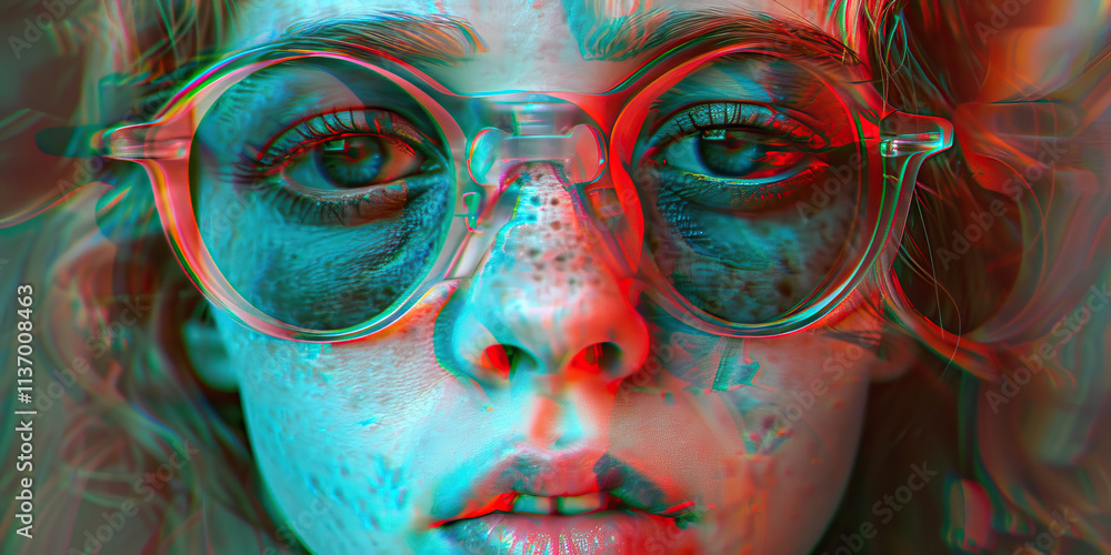 Obraz premium Close-up Portrait of Woman Wearing Round Glasses, Glitch Effect