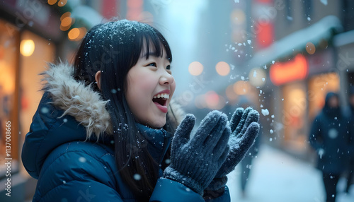 A cheerful girl smiling brightly while snow falls around her	