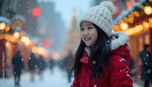 A cheerful girl smiling brightly while snow falls around her	