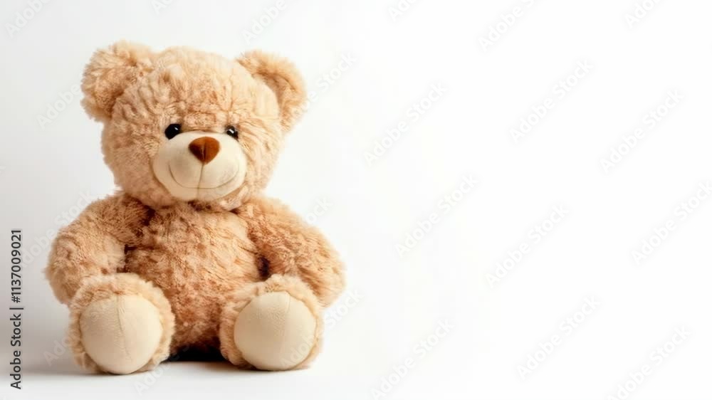 Teddy bear is sitting on a white background. The bear is brown and has a smile on its face Teddy bear is sitting on a white background. The bear is brown and has a smile on its face