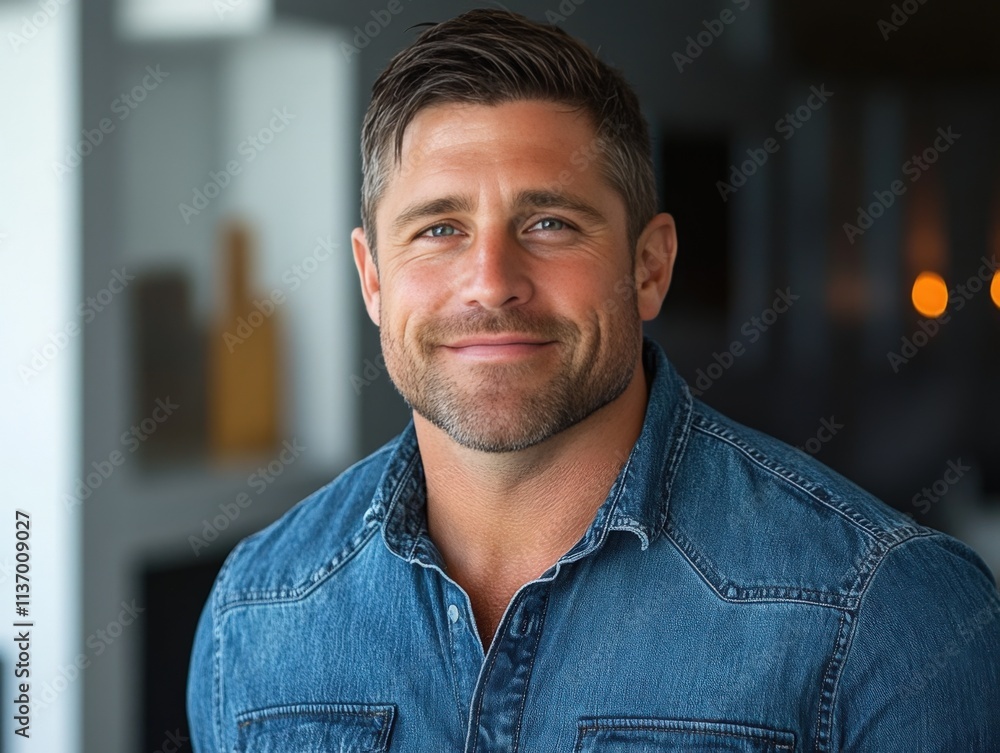 Obraz premium Confident Man in Denim Shirt Smiling Brightly