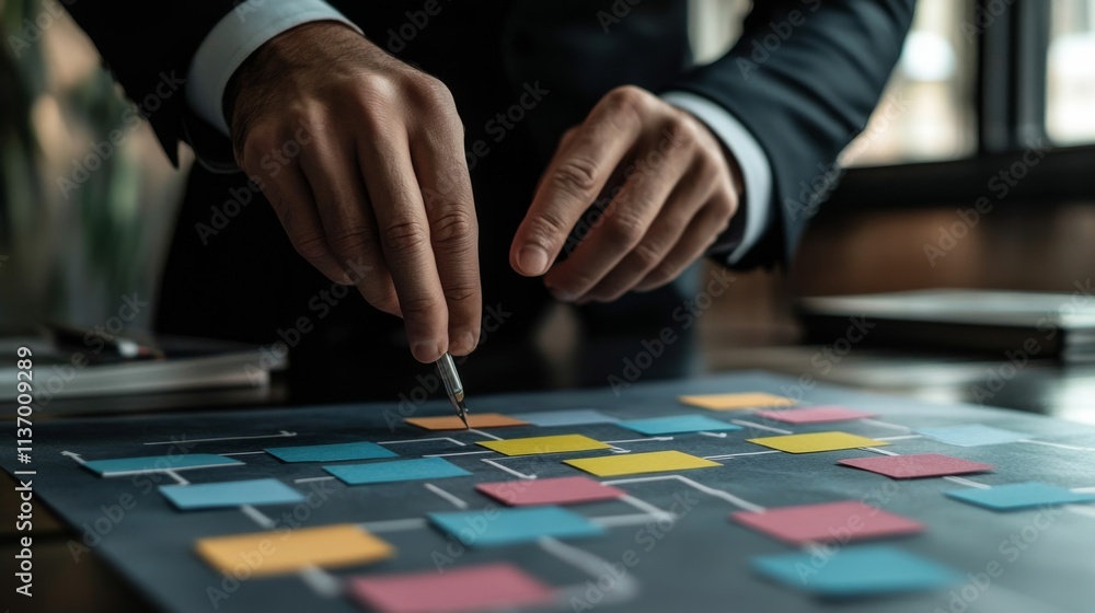 A businessman carefully arranges sticky notes on a chart, outlining a complex business strategy. The image captures focus, organization, and attention to detail in a professional setting.. AI A businessman carefully arranges sticky notes on a chart, outlining a complex business strategy. The image captures focus, organization, and attention to detail in a professional setting.. AI