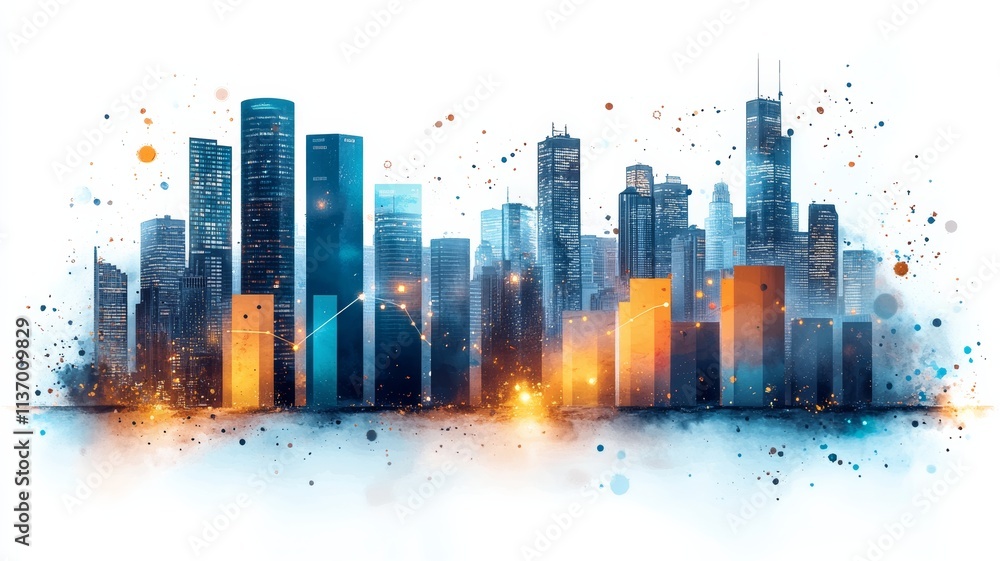 Fototapeta premium Modern Business Bar Chart with Data Analytics in Abstract Cityscape