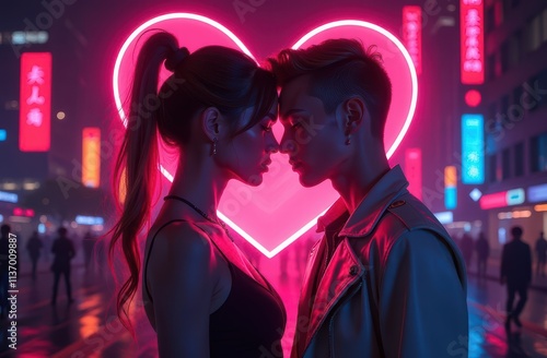 Neon love in urban nightscape: a romantic encounter in vibrant city lights photo