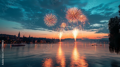 A Majestic Fireworks Show Ignites the Evening Sky Over a Serene River, Creating a Stunning Visual Symphony of Light and Reflection. photo