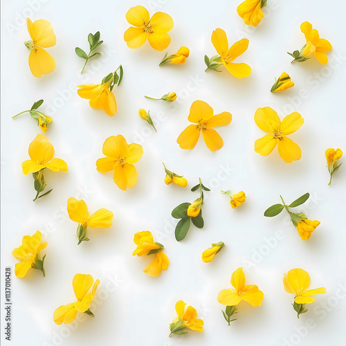 yellow senna flowers scattered and spaced apart shot from above on a white background flat lay photorealistic high quality photo natural lighting food photography h photo