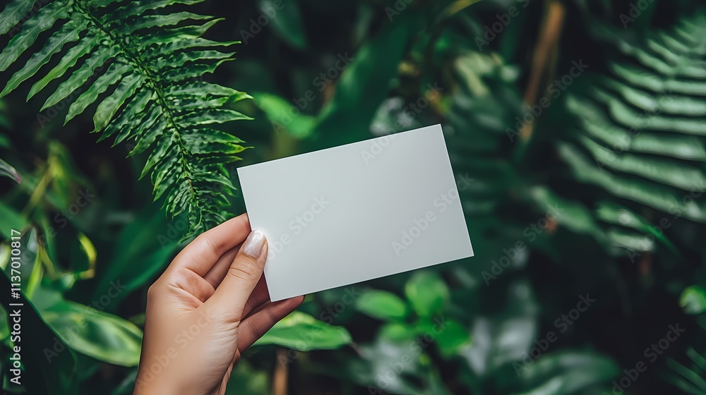 A hand delicately presents a blank white card amidst lush green foliage, symbolizing nature's beauty and the potential for creativity. A hand delicately presents a blank white card amidst lush green foliage, symbolizing nature's beauty and the potential for creativity.