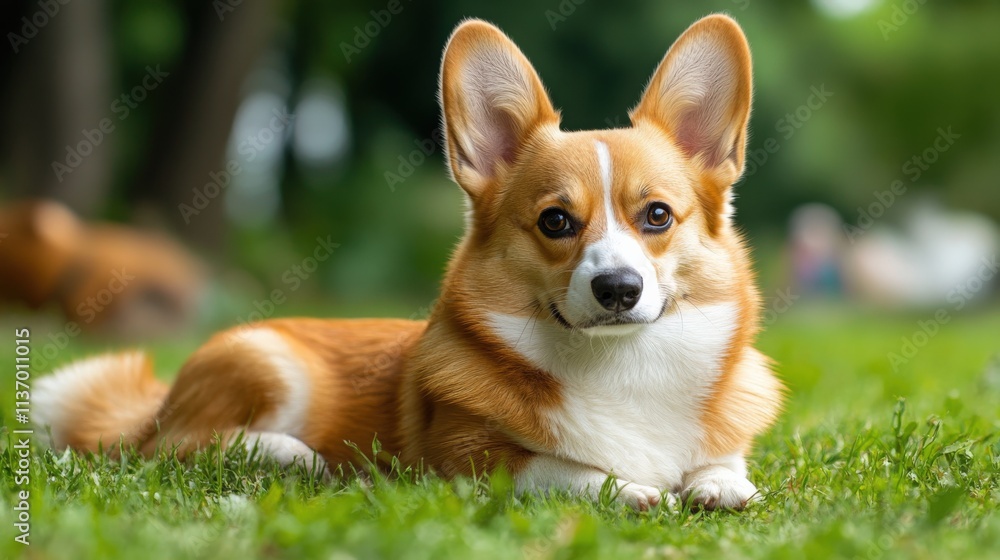 Playful Corgi Relaxing in the Grass Playful Corgi Relaxing in the Grass