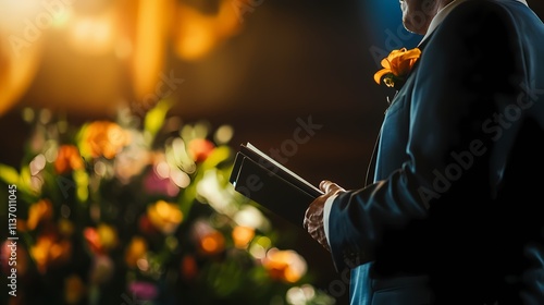 A poignant moment of remembrance: delivering a heartfelt eulogy surrounded by vibrant flowers and warm, golden light.