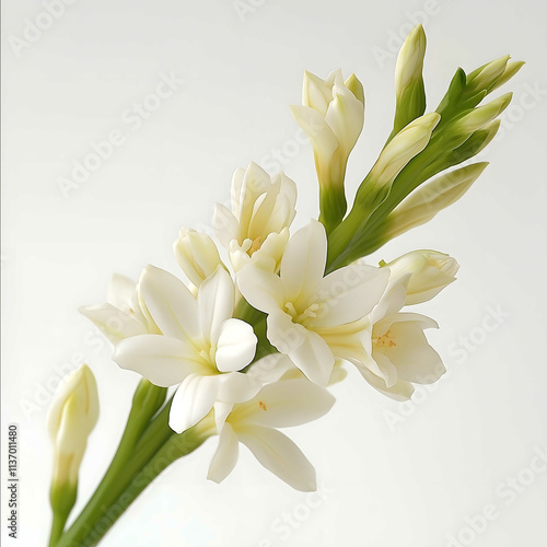 A studioquality closeup shot of a sprig of tuberose featuring several elongated tubular blossoms in various stages of bloom The flowers are creamy white with a hint photo