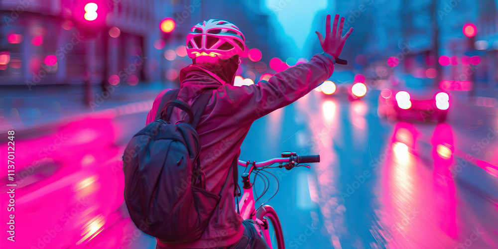 Fototapeta premium Cyclist Signaling in Neon-Lit City Street at Night