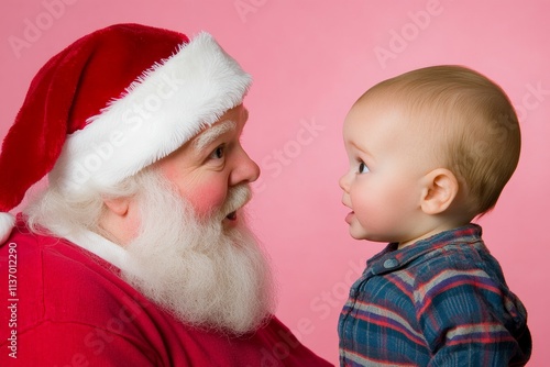 Cheerful festive season, Ñute baby boy astonished with santa claus. Christmas ad concept layout image for marketing material and social online ad use. Xmas merry visuals. Christmas gift ads. photo