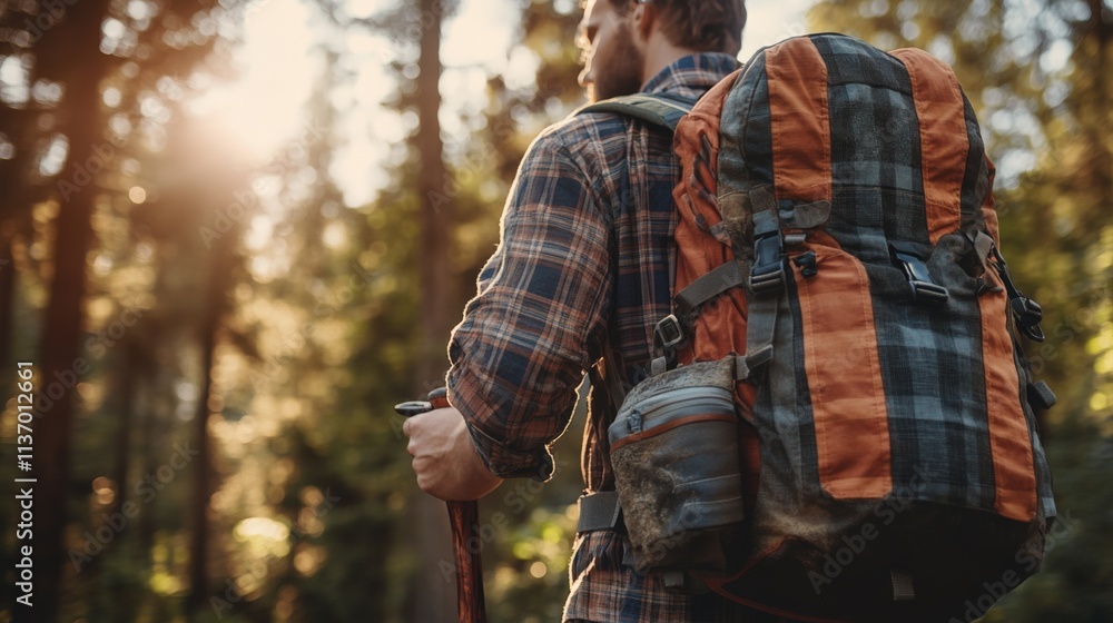 Fototapeta premium Adventurer with a Backpack in Nature's Embrace
