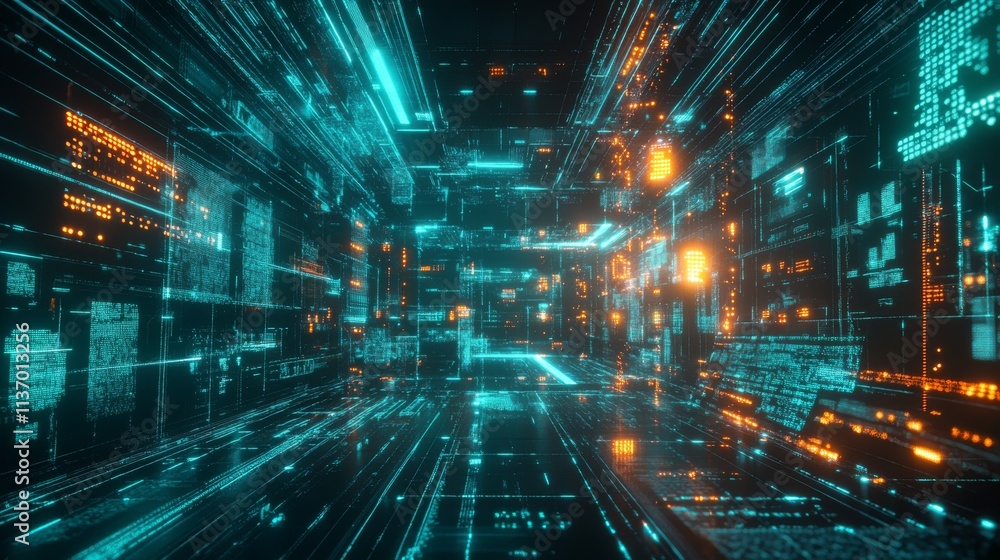 A high-tech, futuristic tunnel filled with streams of glowing lights and digital code. This abstract image showcases advanced technology and the concept of data flow in a virtual space, with orange A high-tech, futuristic tunnel filled with streams of glowing lights and digital code. This abstract image showcases advanced technology and the concept of data flow in a virtual space, with orange