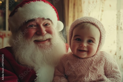 Yule marketing creative image for advertisement and digital marketing use. Happy christmas, Ñute baby girl amusement with santa claus. Baby toddler santa claus. Santa ad red background. photo