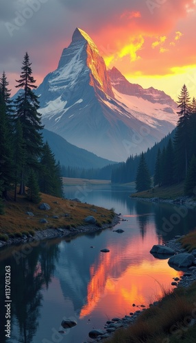 Dynamic mountain landscape with a glowing orange sky reflecting on a calm river