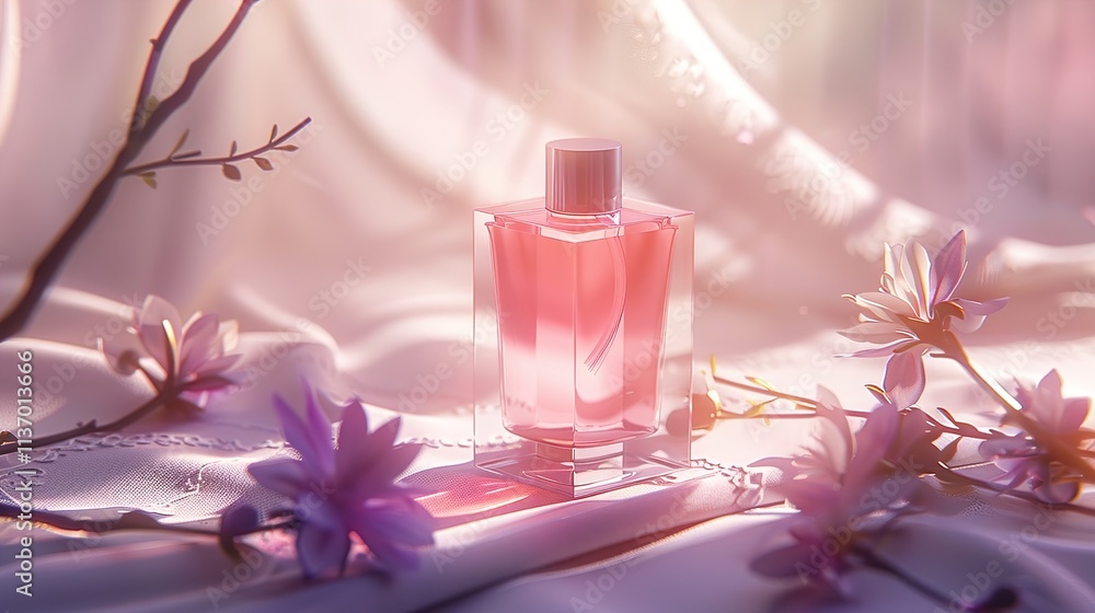 A perfume bottle with a minimalist romantic design, featuring a soft pastel gradient and floral branding, placed on a white, delicate lace cloth with soft lighting. A perfume bottle with a minimalist romantic design, featuring a soft pastel gradient and floral branding, placed on a white, delicate lace cloth with soft lighting.
