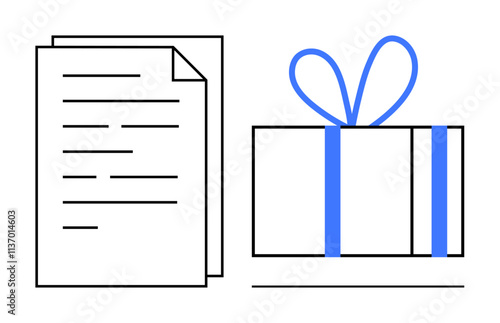 Document with text lines beside a box wrapped in a blue ribbon and bow. Ideal for business gifting, holiday promotions, corporate rewards, appreciation, events, branding, presentations. Line metaphor photo