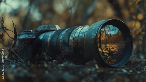 Wallpaper Mural A close-up of a camera lens reflecting a serene forest scene, capturing the essence of nature through photography. The earthy tones and shallow depth of field add a creative, artistic touch.. AI Torontodigital.ca
