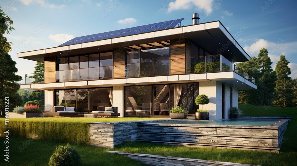 A photo of a house with photovoltaic glass window A photo of a house with photovoltaic glass window