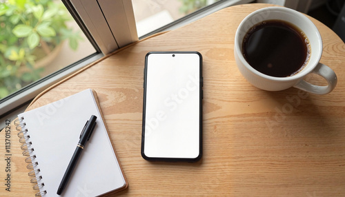 Blank smartphone on wooden table with coffee and notepad, minimalism