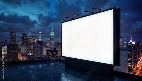 Empty billboard against city skyline at night, urban advertising concept