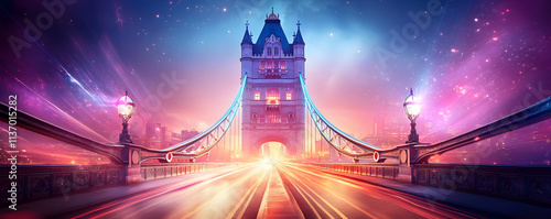 Tower Bridge, Fantasy Nightscape, City Lights Streak Across Road, Magical Twilight Glow