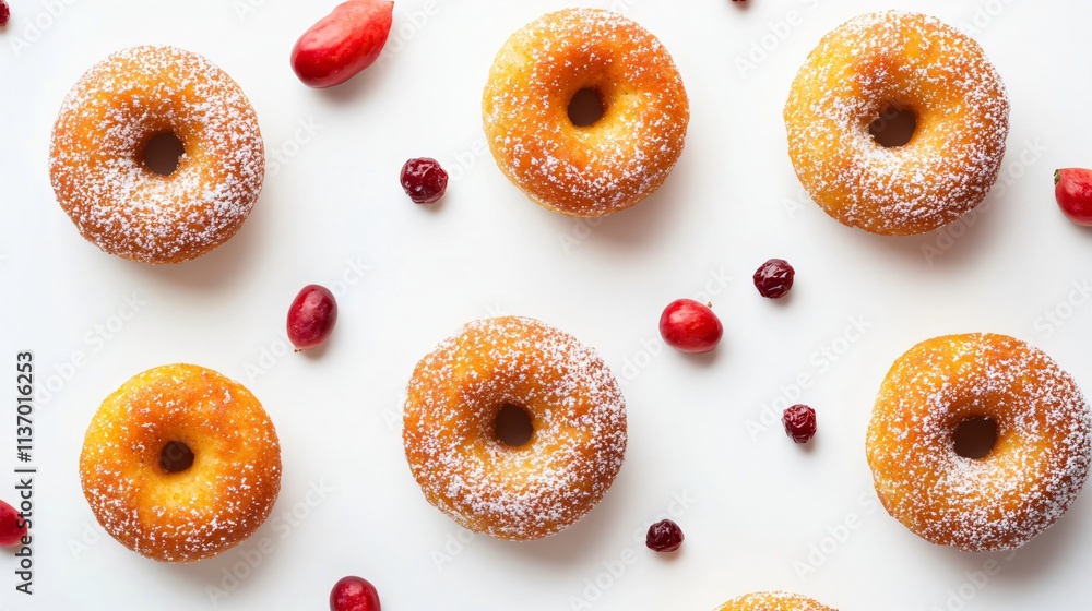 Delicious Donuts with Powdered Sugar and Cranberries on White Background Delicious Donuts with Powdered Sugar and Cranberries on White Background