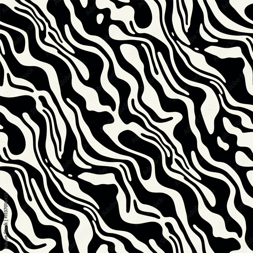 Vector seamless pattern. Abstract marble texture with monochrome fluid stains. Creative background with liquid blots. Decorative design with marbling effect. Can be used as swatch for illustrator.