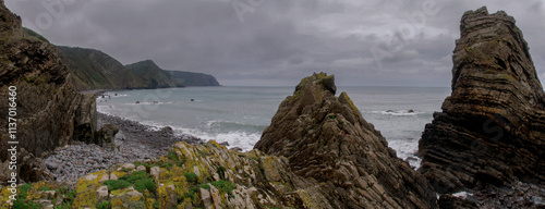 North Coast of Devon. Panoramic view at Blackchurch Rock in North Devon. photo