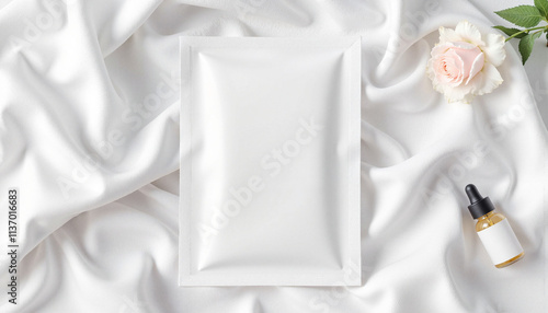 Facial mask sheet mockup on textured white cloth, skincare concept photo