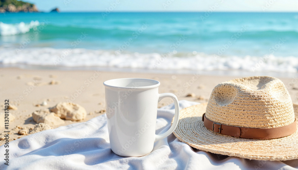 Blank white cup and sunhat on beach picnic, summer relaxation Blank white cup and sunhat on beach picnic, summer relaxation