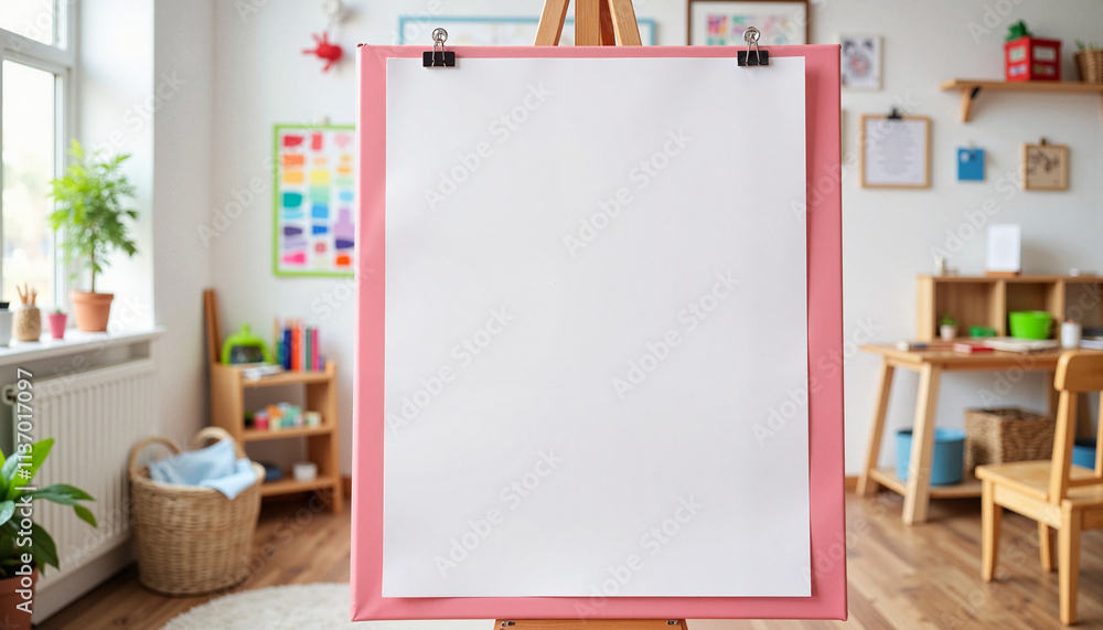 Blank white poster on pink binder in children's room, creativity unleashed Blank white poster on pink binder in children's room, creativity unleashed