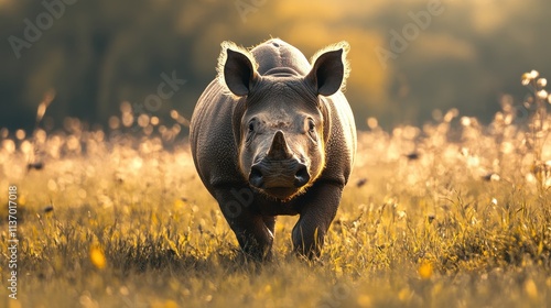 A young rhinoceros stands in a field of tall grass, bathed in the warm glow of the setting sun. Its thick hide and powerful build are striking against the soft, golden hues.