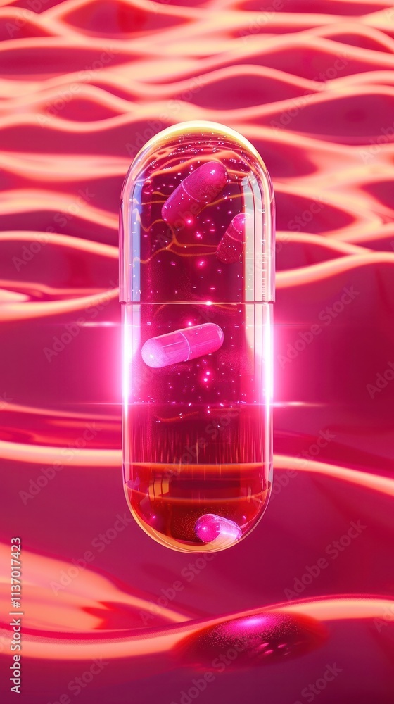 Glowing Red Transparent Capsule Floating in Vibrant Liquid Abstract Background 3D Rendering of Futuristic Pharmaceutical Medical or Wellness Concept Glowing Red Transparent Capsule Floating in Vibrant Liquid Abstract Background 3D Rendering of Futuristic Pharmaceutical Medical or Wellness Concept