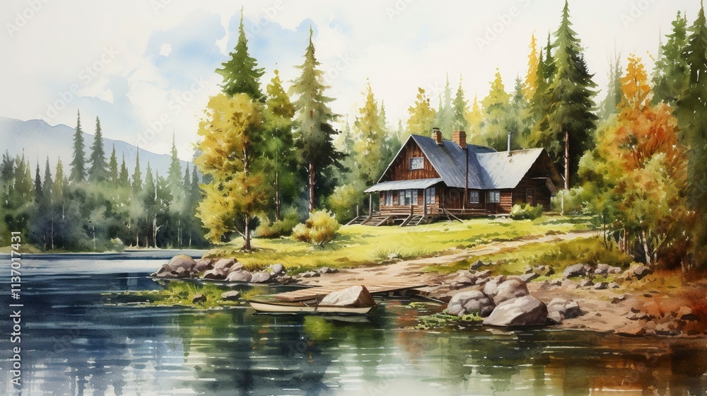 A photo of a peaceful cabin in the woods watercolor A photo of a peaceful cabin in the woods watercolor
