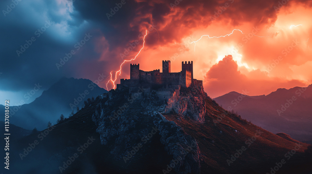 Obraz premium A medieval fortress on a mountain top, with large stone walls, wooden drawbridges, and snow covering the landscape below.