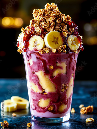 A dessert with bananas granola and fruit in a glass on a table photo