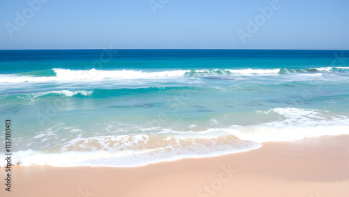 Beautiful Waves on a Tropical Beach with Clear Blue Water and a Sunny Horizon photo