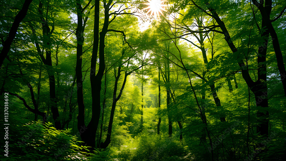Fototapeta premium Sunlight filtering through a misty forest path in the morning