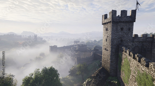 A medieval fortress overlooking a misty valley, with stone battlements and a watchtower reaching into the clouds. photo