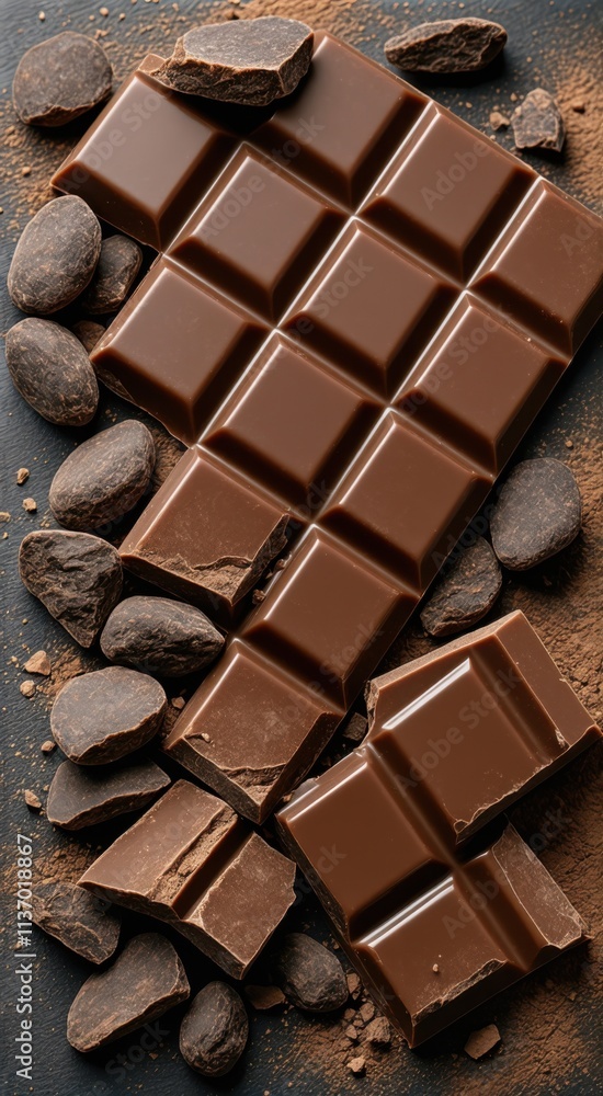 Chocolate bars and cocoa beans on a table with cocoa beans