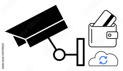 Surveillance camera monitoring a wallet containing a credit card next to a cloud sync icon. Ideal for security, data protection, finance management, cybersecurity, cloud services, privacy, digital