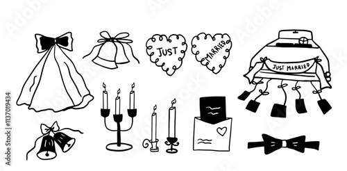 Hand-Drawn Wedding Illustration Set | Minimalist Doodle Vector for Bridal and Celebration Designs
